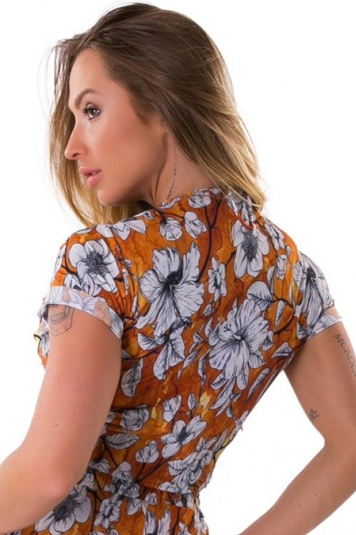 Beach Cover Up Crop Top - FLOWERY - Gold