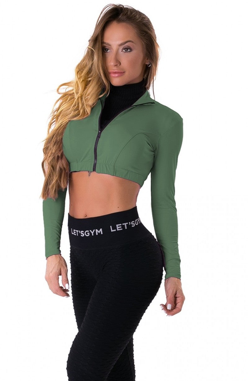 Cropped Long Sleeve Zipper Top - Olive Green
