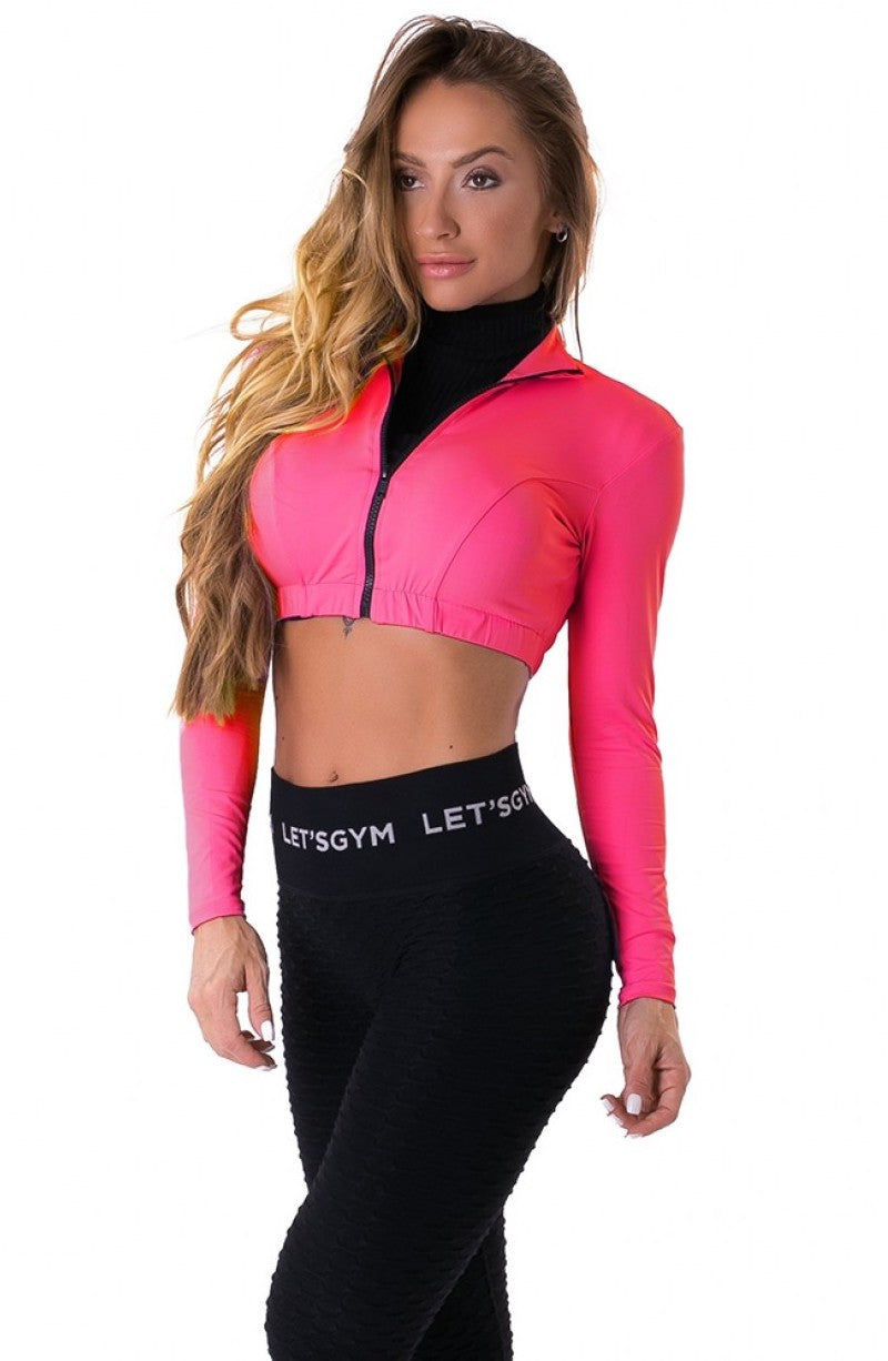 Cropped Long Sleeve Zipper Top - Hot Pink