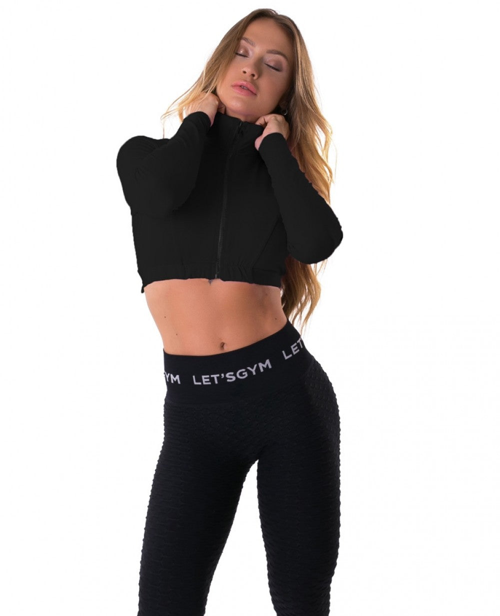 Cropped Long Sleeve Zipper Top - Black