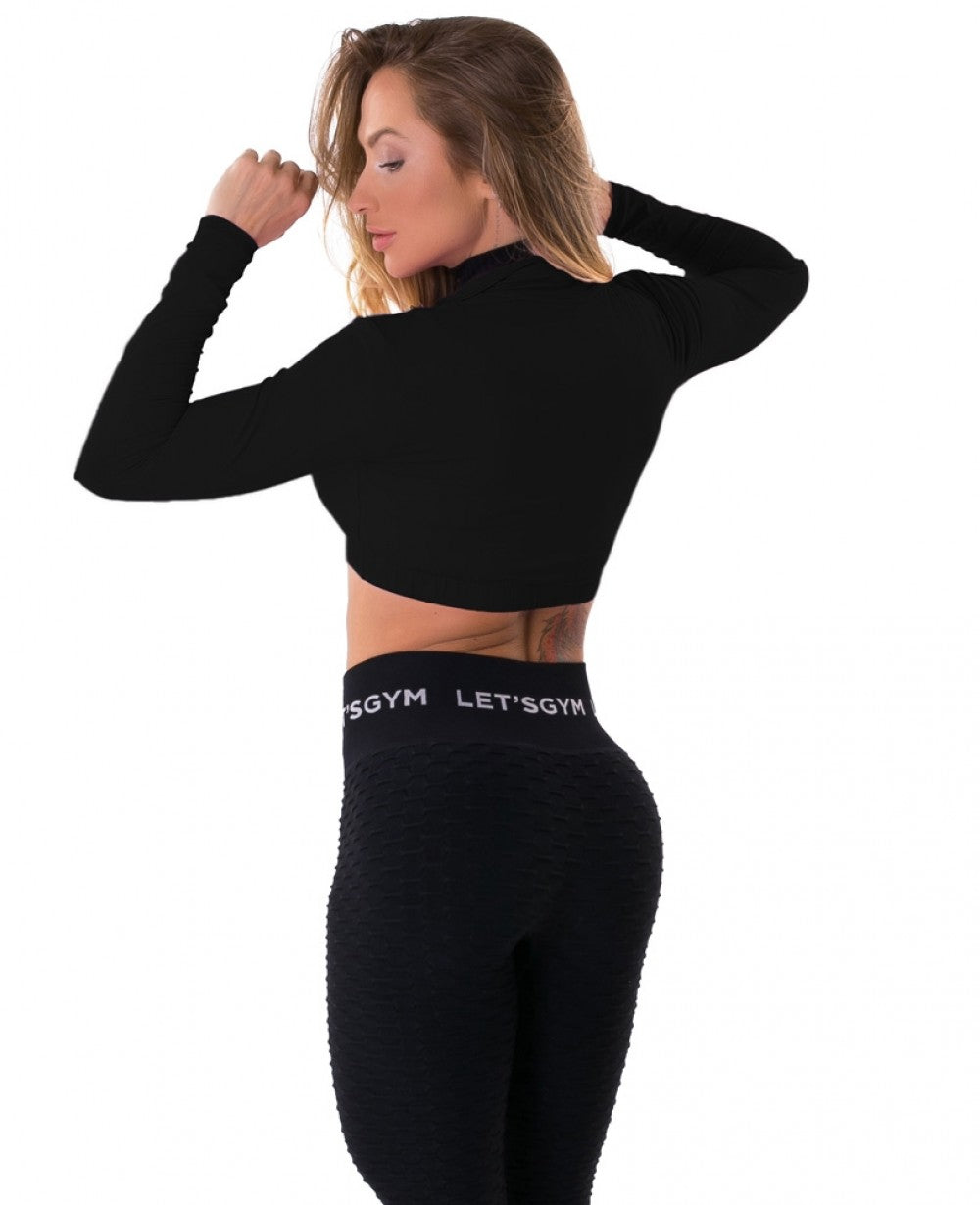 Cropped Long Sleeve Zipper Top - Black