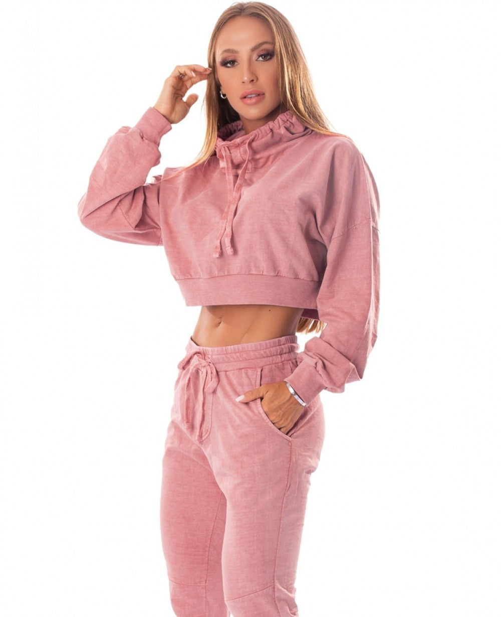 Long Sleeve Cropped Sweater - STONEWASH - Pink
