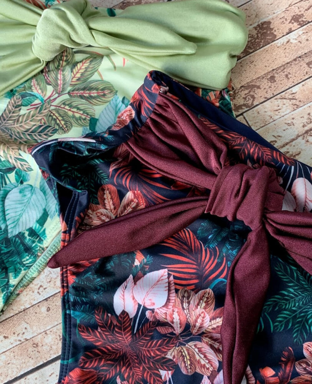 High Waist Bikini BOTTOM - TROPICAL GARDEN - Brown